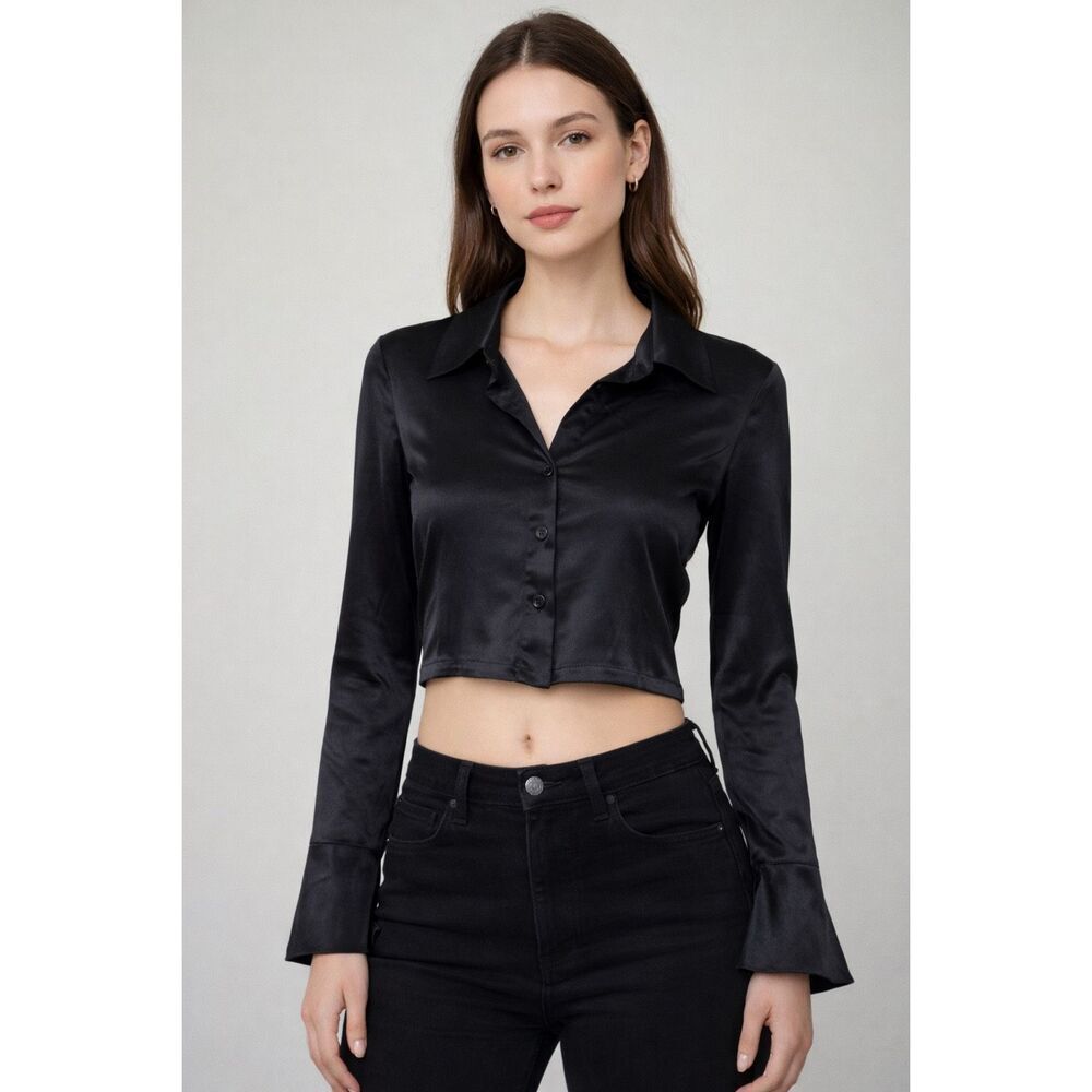 Vintage Y2K Forever 21 Black Satin Button Front Crop Blouse XS S